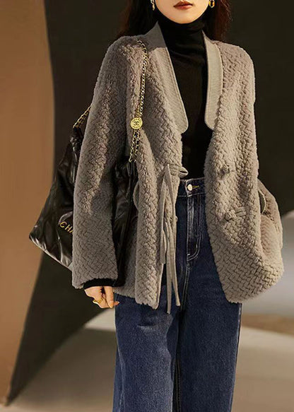 Grey V Neck Pockets Button Patchwork Wool Coat Winter