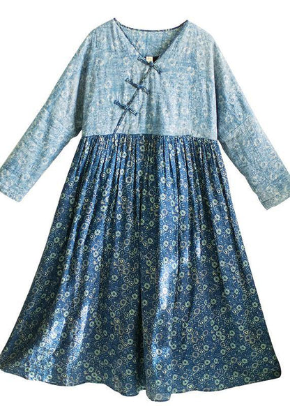 Loose Blue Print Robes V-neck Patchwork Spring Dresses