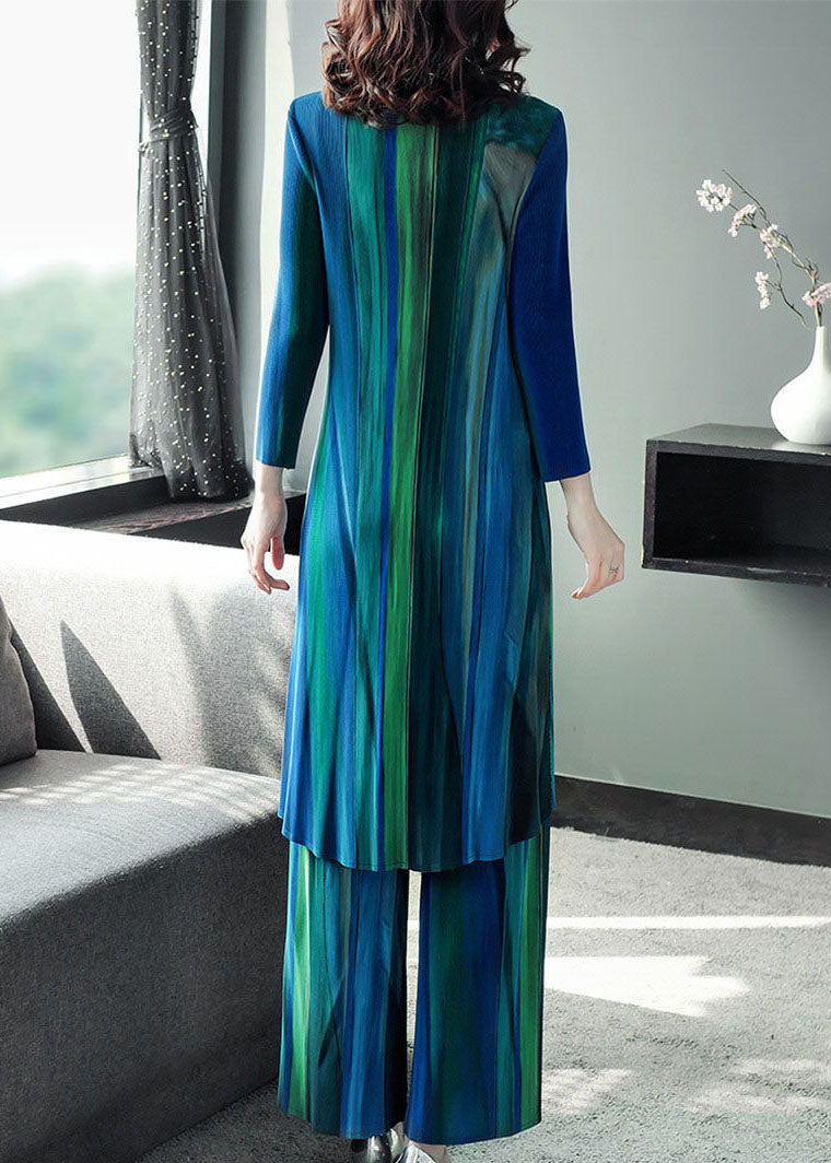 Slim Fit Blue Green Peter Pan Collar Wrinkled Gradient Color Shirt Dress and Straight Pants Two Pieces Set Fall