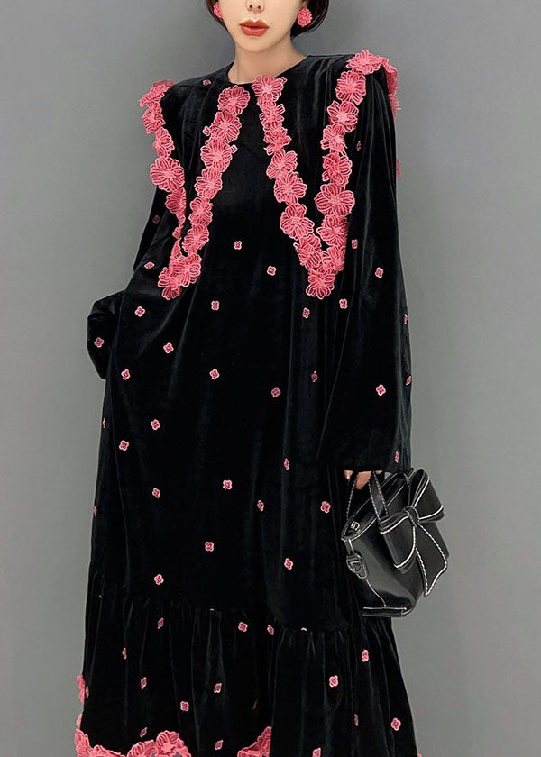 French Black O Neck Silk Velour Maxi Dress Winter