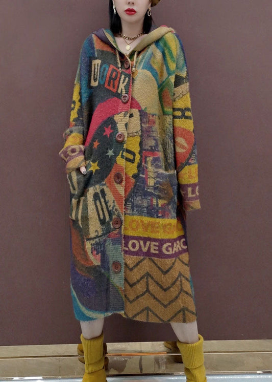 Print Button Maxi Knitted Cotton Thread Hooded Sweater Coat Fall