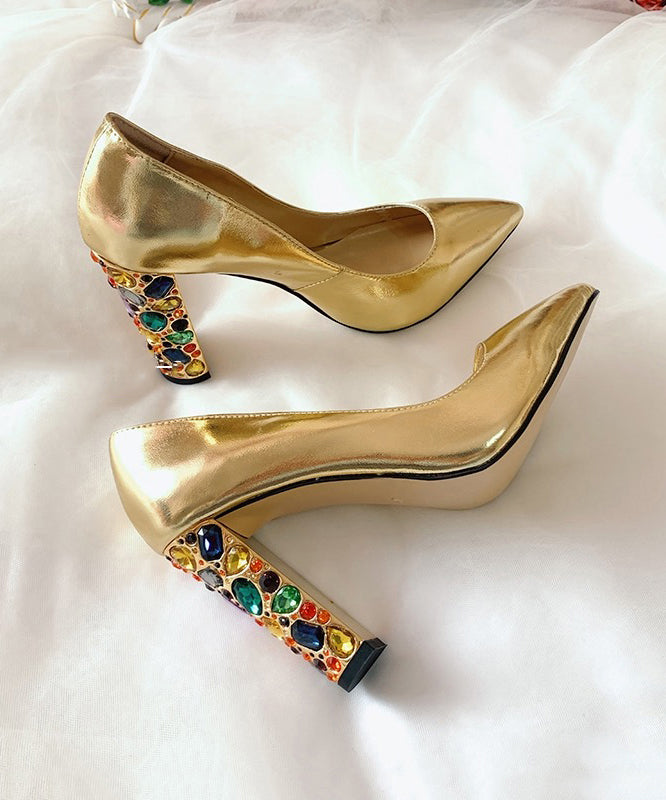 New Zircon Gold Pointed High Heels Cowhide Leather