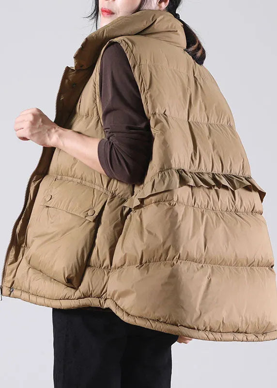 Chocolate Ruffled Pockets Duck Down Sleeveless Down Vest