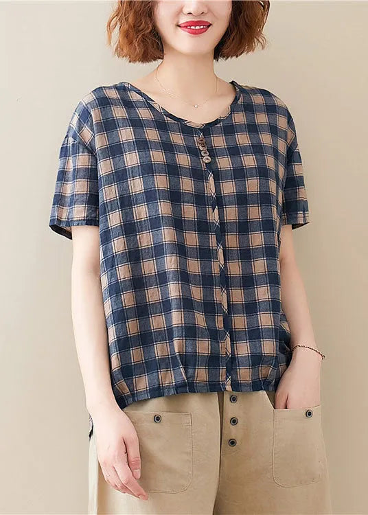 Blue O Neck Plaid Cotton T Shirt Top Short Sleeve