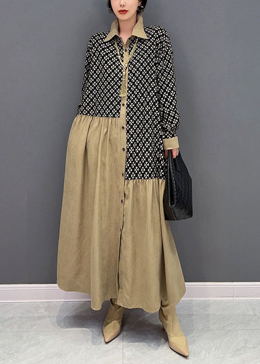 Colorblock Peter Pan Collar Patchwork Wrinkled Print Cotton Dresses Spring