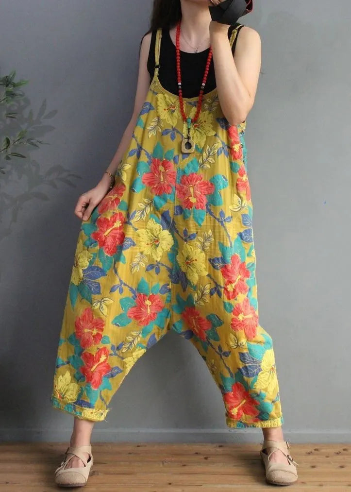 Yellow Print High Waist Cotton Jumpsuit Sleeveless
