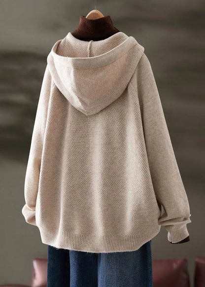 Beige Hooded Drawstring Knit Sweatshirts Top Spring