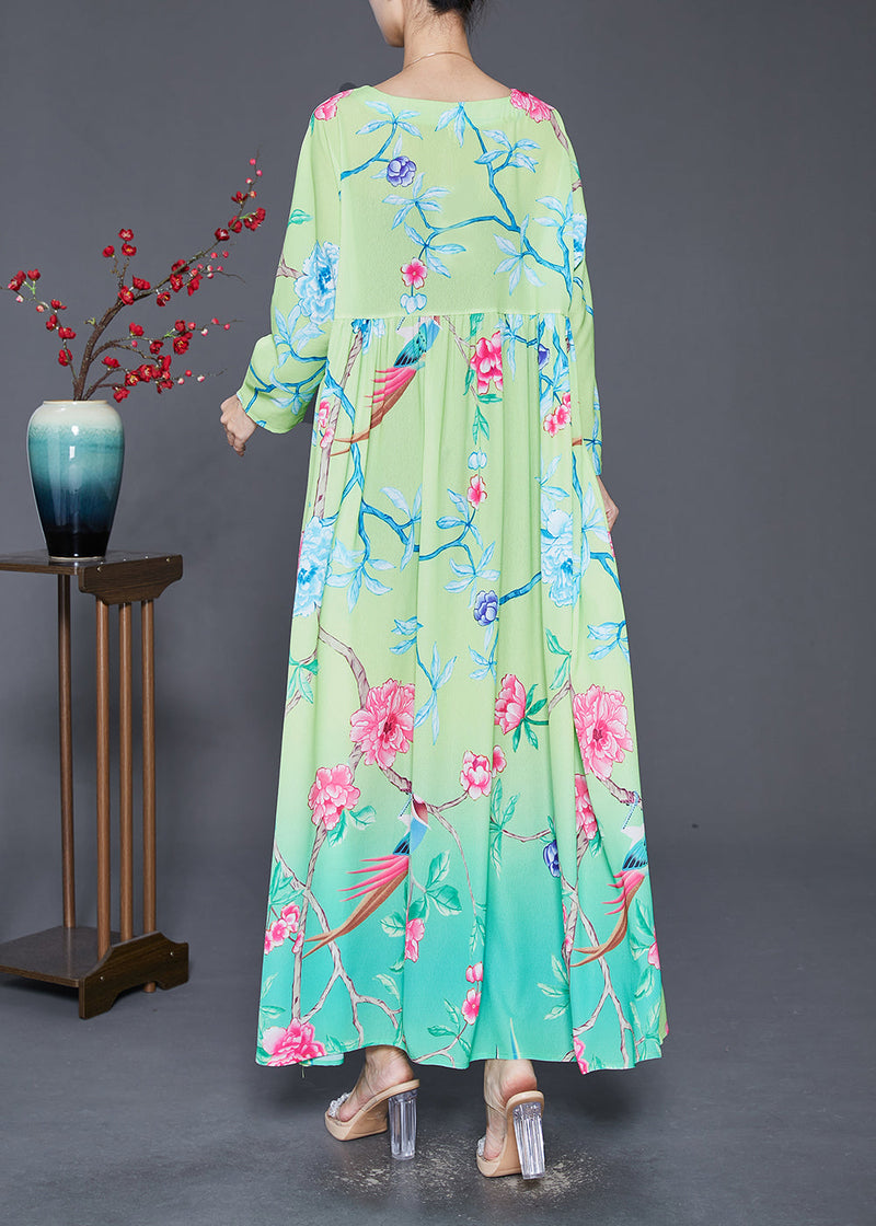 Green Square Collar Print Silk Holiday Dresses Fall