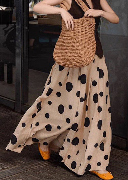 Khaki Dot Print Elastic Waist a Line Cotton Skirt Summer