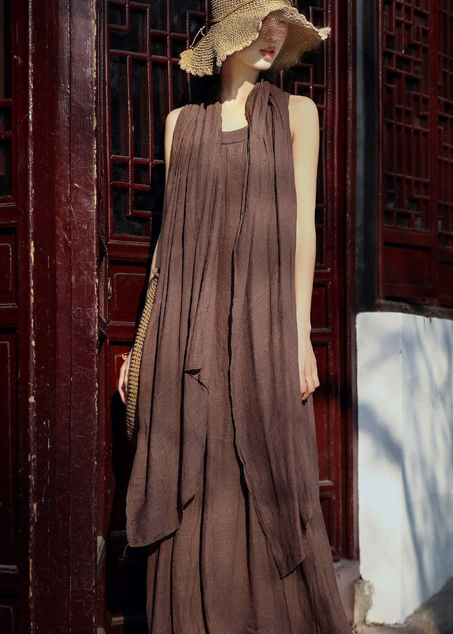 Chocolate Asymmetrical Linen Spaghetti Strap Dress and Shawl Two Pieces Set Summer