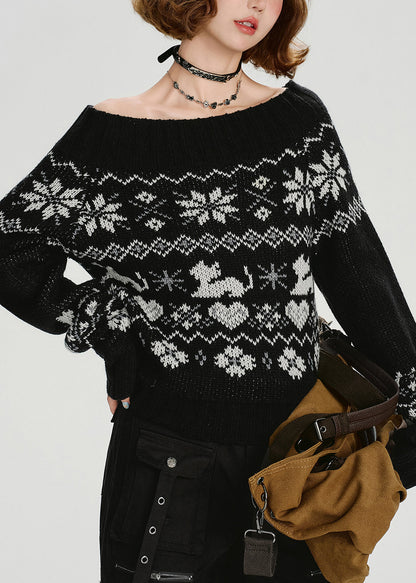 Black Slash Neck Jacquard Knit Sweater Tops Spring