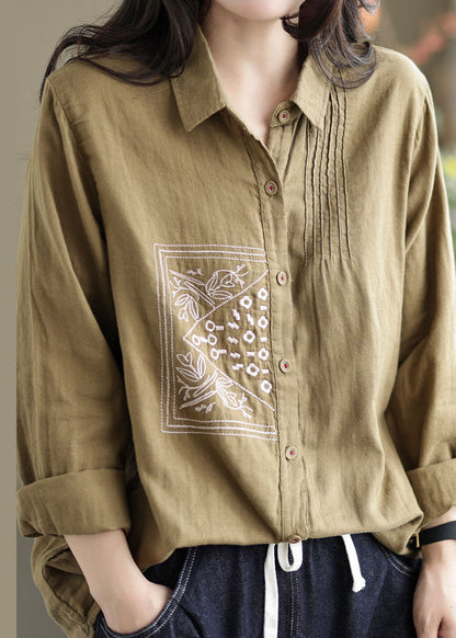 Khaki Lapel Embroideried Wrinkled Linen Shirt Tops Spring