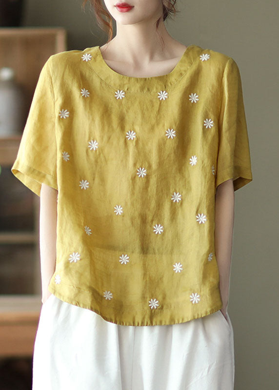 Yellow O-neck Linen Shirt Top Short Sleeve