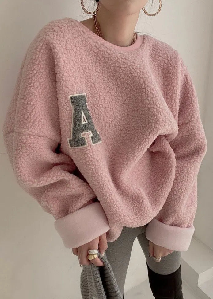 Loose Pink O Neck Letter Teddy Pullover Winter