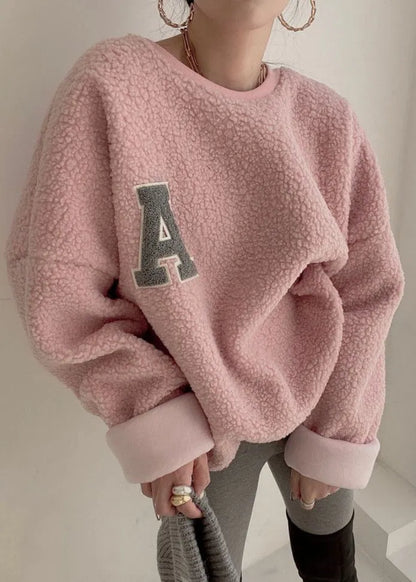 Loose Pink O Neck Letter Teddy Pullover Winter
