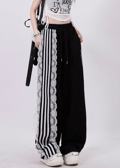 Black Pockets High Waist Lace Up Patchwork Pants Fall