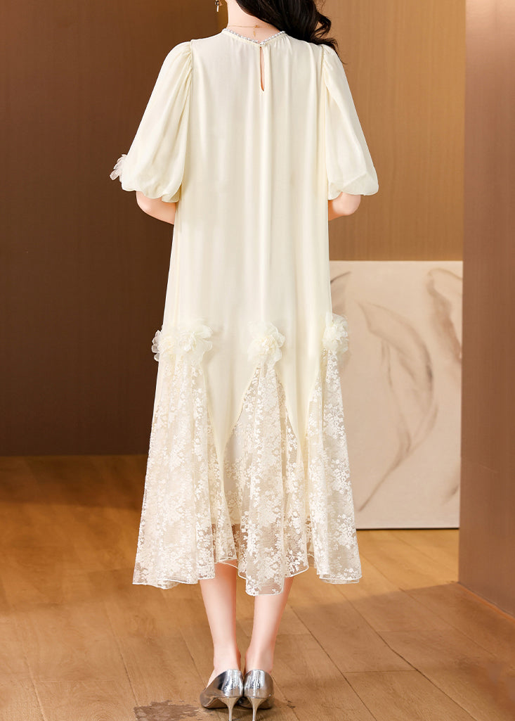 Beige Florallace Patchwork Long Dresses O-neck Summer
