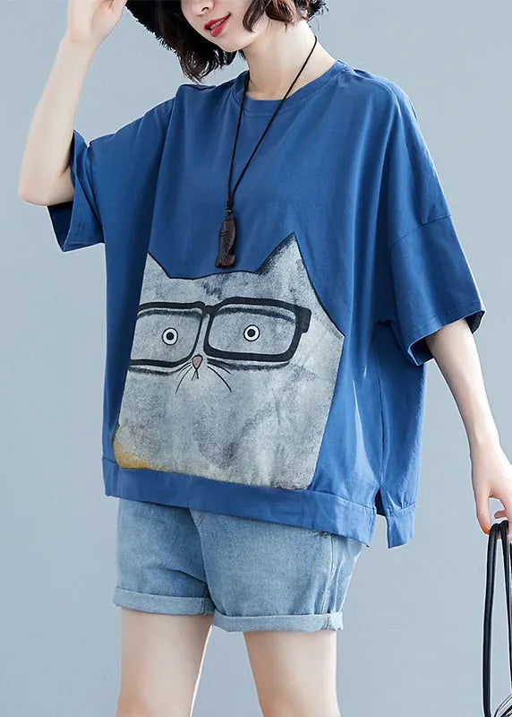 French Light Blue O-neck Side Open Character Print Tank Tops Short Sleeve
