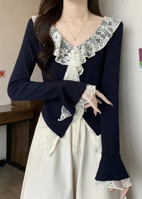 Navy V Neck Lace Patchwork Cotton T Shirts Flare Sleeve