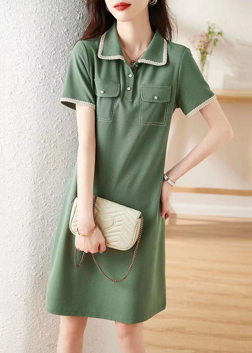 Green Peter Pan Collar Button Patchwork Cotton Dress Summer