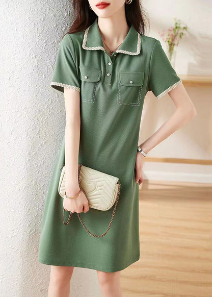 Green Peter Pan Collar Button Patchwork Cotton Dress Summer