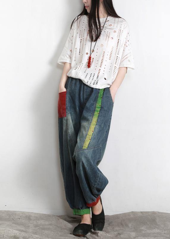 Handmade Blue Elastic Waist Patchwork Summer Pants