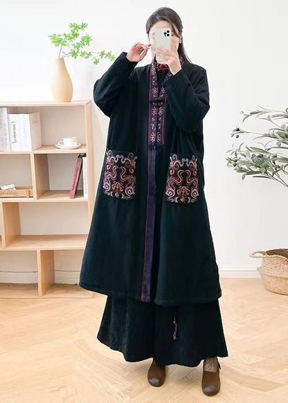 Mulberry V Neck Embroideried Pockets Fine Cotton Filled Coat Winter