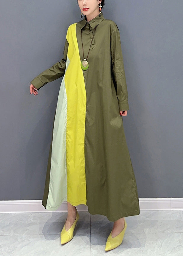 Army Green Peter Pan Collar Patchwork Cotton Maxi Dresses Spring