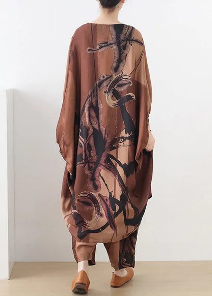Chocolate O-neck Asymmetrical Print Silk Two Pieces Set Batwing Sleeve