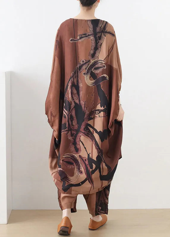 Chocolate O-neck Asymmetrical Print Silk Two Pieces Set Batwing Sleeve