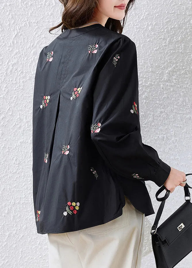 Red Patchwork Cotton Oriental Tops Embroidered Fall