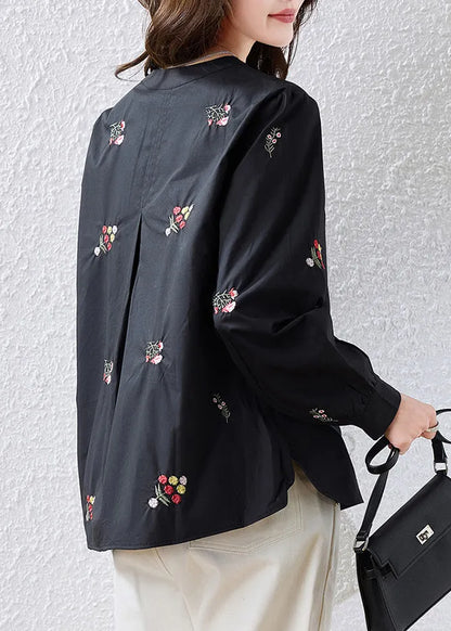 Red Patchwork Cotton Oriental Tops Embroidered Fall