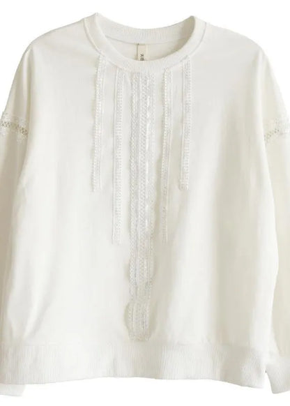 Comfy White Cotton Long Sleeve Loose Sweatshirts Top