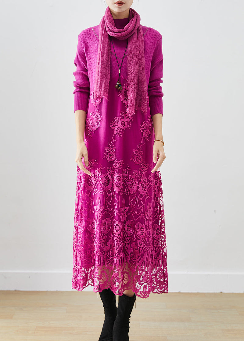 Rose Patchwork Knit Robe Dresses Embroideried Fall