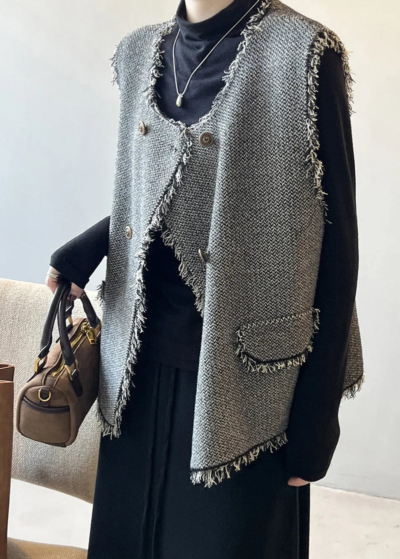 Grey Tasseled Double Breast Knit Vest Sleeveless