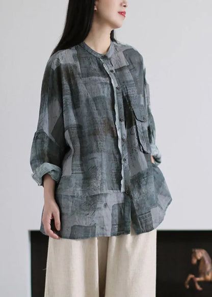 Loose Blue O-neck Print Button Pockets Linen Tops Long Sleeve