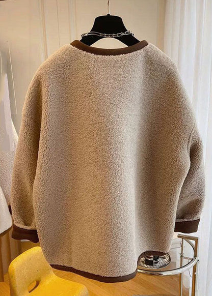 French Khaki O-neck Patchwork Button Faux Fur Coats Winter