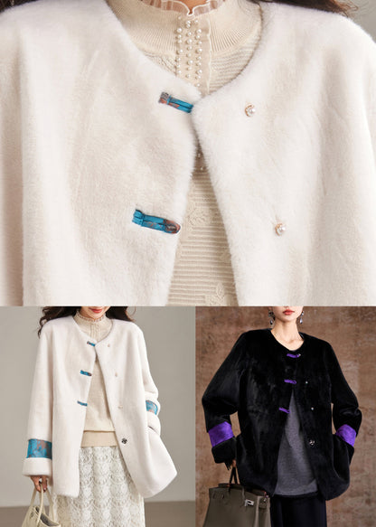 Black Pockets Print Leather and Fur Coat Winter