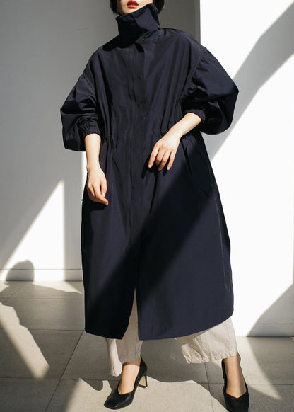 Navy Stand Collar Zippered Trench Coats Long Sleeve