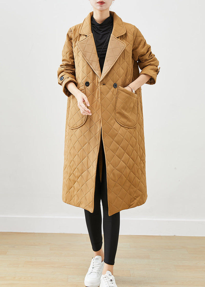 Khaki Notched Plaid Pockets Cotton Coats Fall