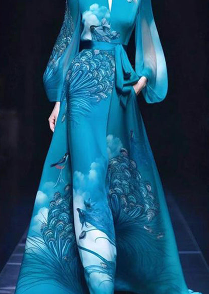 Exquisite Blue Stand Collar Printed Tie Waist Silk Dress Autumn
