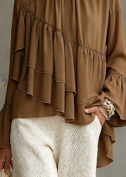 New Brown Asymmetrical Ruffled Patchwork Chiffon Shirt Top Spring