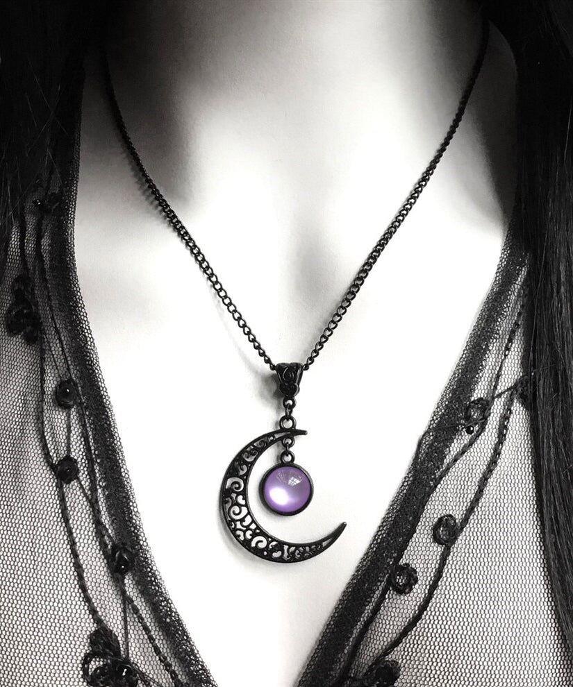 Original Purple Alloy Crystal Moon Hollow Out Pendant Necklace