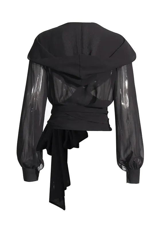 New Coffee Cross Tied Bow Chiffon Hooded Shirt Top Autumn