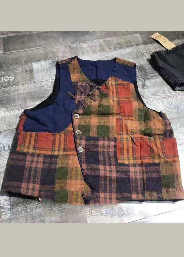 Red Button Plaid Patchwork Linen Vest Spring
