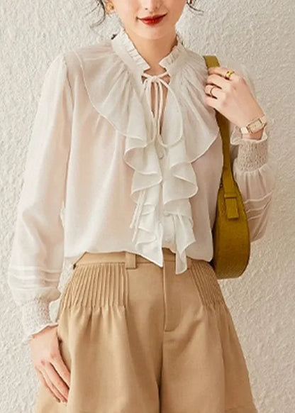 White Stand Collar Tie Lace Lantern Sleeve