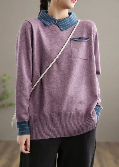 For Spring Black Knit Tops Clothing Lapel Patchwork Sweater Tops
