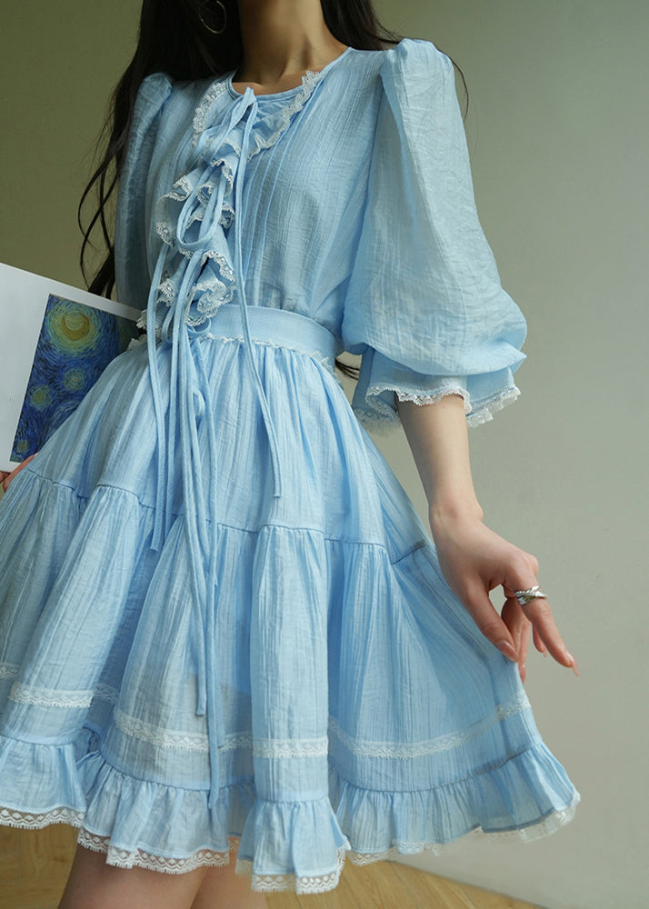 Blue O-neck Lace Patchwork Silk Cotton Top and Skirts Two Pieces Set Summer
