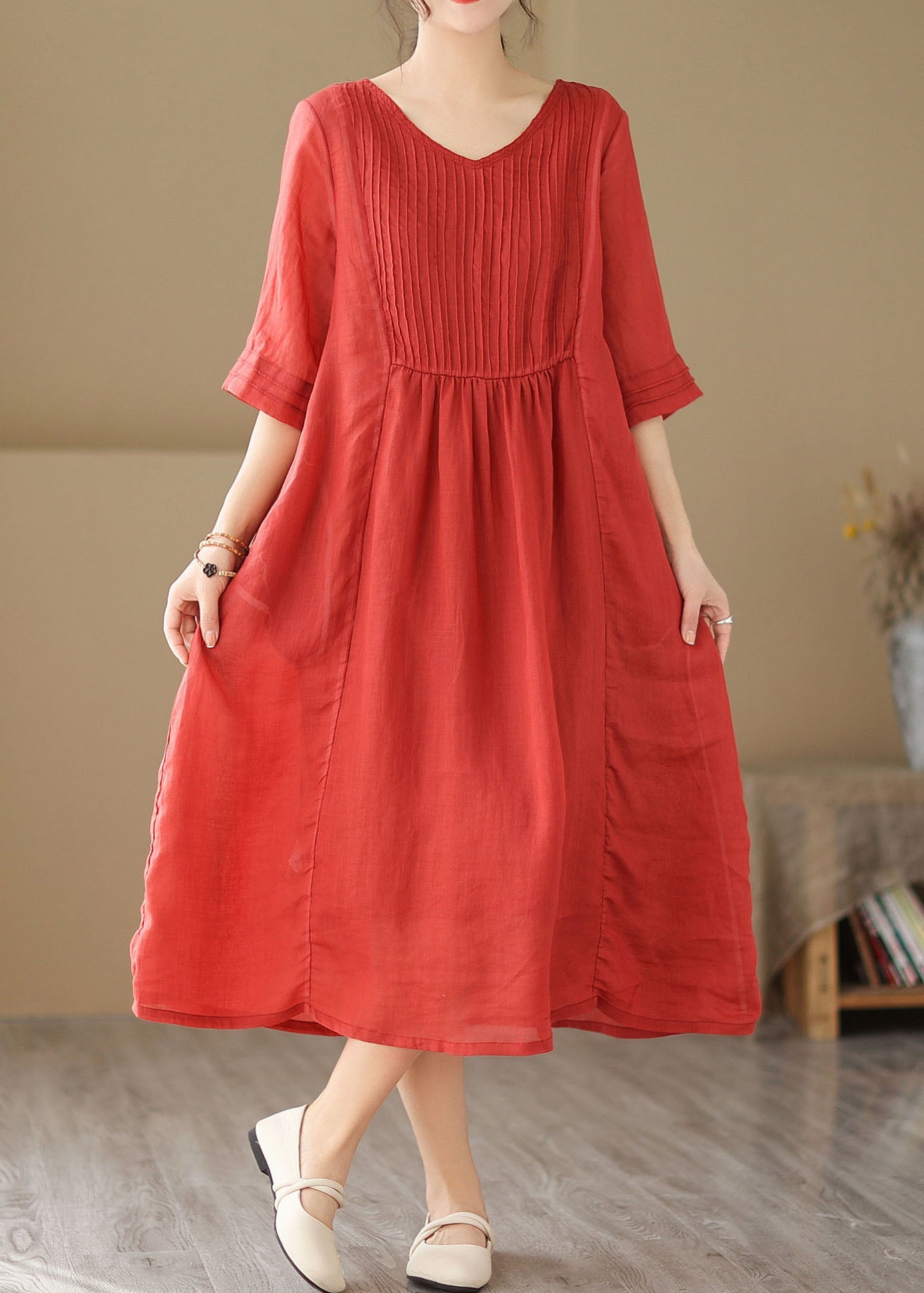 Red V Neck Wrinkled Patchwork Linen Dress Summer