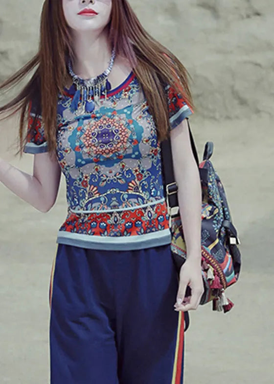 Modern Blue O-neck Print T Shirt Summer
